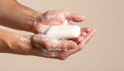 Fototapeta premium A person holding a bar of soap with soapy hands, preparing to wash them.