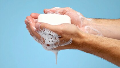 A person's hands holding a bar of white soap with abundant foam and water dripping down against a bright blue background.