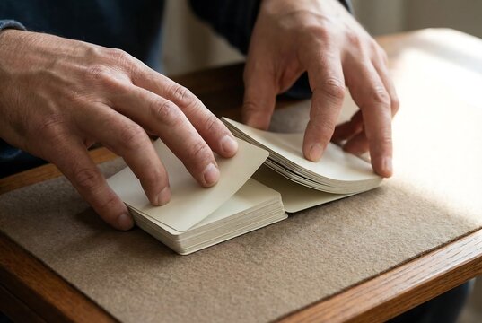 Man flipping through a stack of blank index cards. Concept of organization or traditional studying. Office or education supplies.