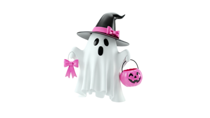Cute Ghost with Witch Hat and Pink Halloween Candy Bucket
