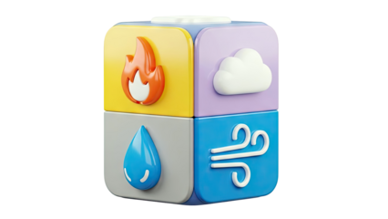 Four Elements Cube with Icons: Fire, Cloud, Water, and Wind