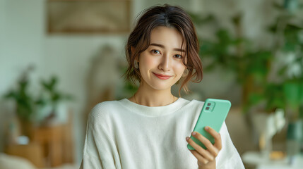 スマートフォンで決済する女性