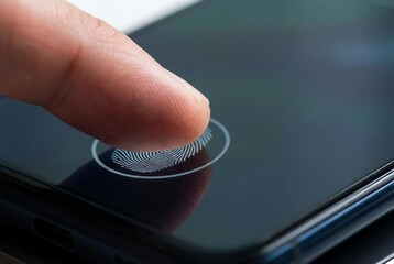 Finger scanning for biometric security on phone display. Touch unlock technology for mobile device access. Digital privacy and data protection concept.