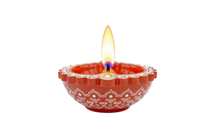 Ornate Red Diya with a Bright Flame