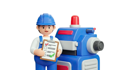 Cartoon Mechanic with Checklist and Machine