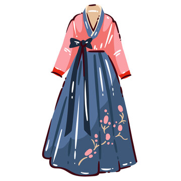 Korean hanbok dress with traditional jeogori jacket and long chima skirt, floral pattern, classic colors, national clothing, cultural costume, travel to South Korea theme, cartoon vector illustration.