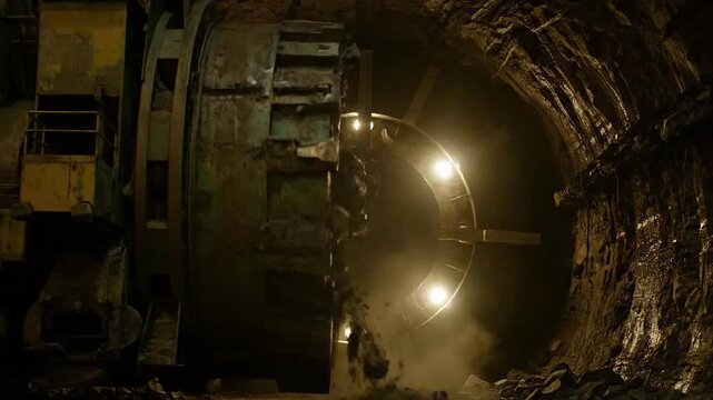 Tunnel boring machine in dark mine, equipment for excavation and construction underground.