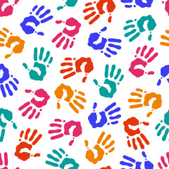 Colorful handprints seamless vector pattern. Holi, the traditional Indian festival of colors. Bright hand prints, multicolored spots. Gulal powder stain. Vibrant children palms, celebration background