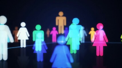 Abstract footage of colorful figures on a digital grid representing customer insights and personalized marketing. Smooth motion and modern data visuals illustrate business strategy and diversity conce