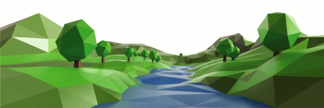 Low poly green landscape with river and trees, polygonal nature valley illustration, 3D geometric countryside background