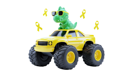 Green Dinosaur on Yellow Monster Truck with Yellow Ribbons