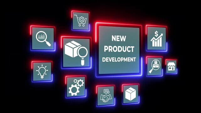 New product development and project roadmap idea on the transparent background. New product development roadmap icons, ideation, development and launching process. Motion graphics of product launching