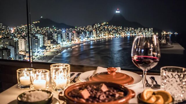 Elegant dinner with feijoada and red wine overlooking Rio de Janeiro at night, capturing the