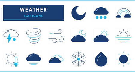 Obraz premium A set of flat icons related to Weather. Cloud, sun, moon, temperature, humidity, wind, snow, and so on.