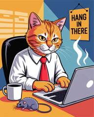 Stressed office cat working on laptop with coffee and motivational hang in there poster, funny business illustration