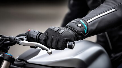 Obraz premium Motorcycle rider holding handlebars in a leather glove near a modern bike during daytime