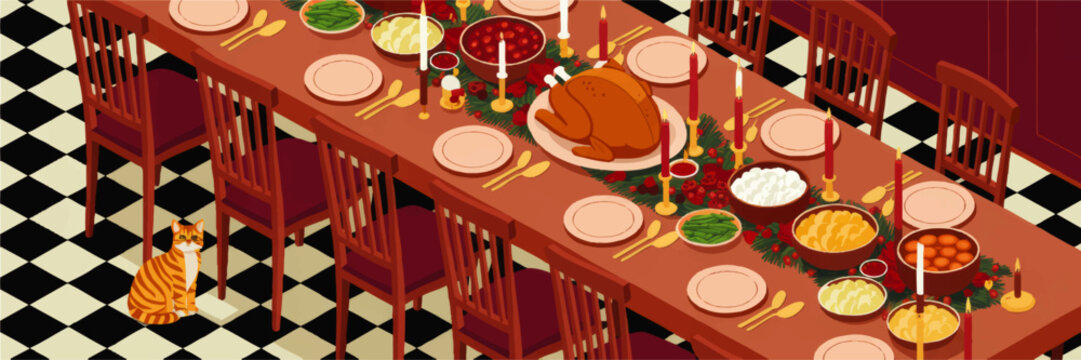 Festive holiday dinner table illustration with roast turkey, candles, side dishes and orange tabby cat on checkered floor
