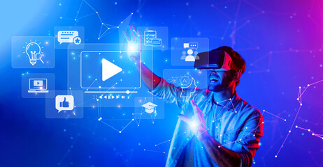 A man explores a vibrant virtual reality environment, interacting with digital content icons representing marketing, video, and artificial intelligence advancements. XDMCP