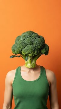 Creative concept female with broccoli head on orange background