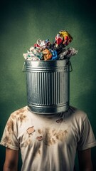 Trash bin head: surreal image of male with garbage can overhead