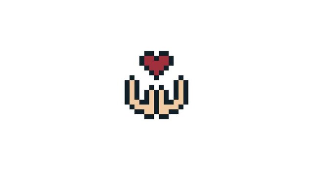 8-bit pixel art hand with heart. looped animation 4k 30fps