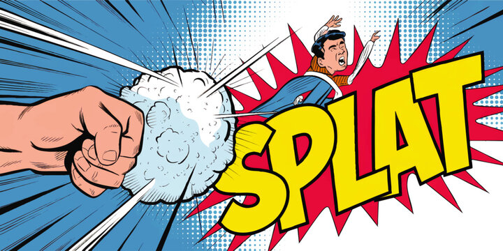 Retro comic book punch with SPLAT text, pop art explosion, surprised man, blue halftone background, vintage cartoon style