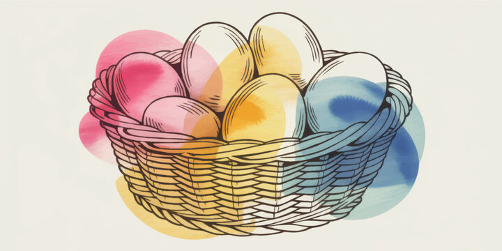 Colorful Easter eggs in wicker basket illustration with pastel watercolor splashes, spring holiday greeting card background design