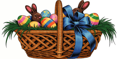Colorful Easter basket illustration with chocolate bunnies, decorated eggs, green grass and big blue ribbon, festive holiday vector art