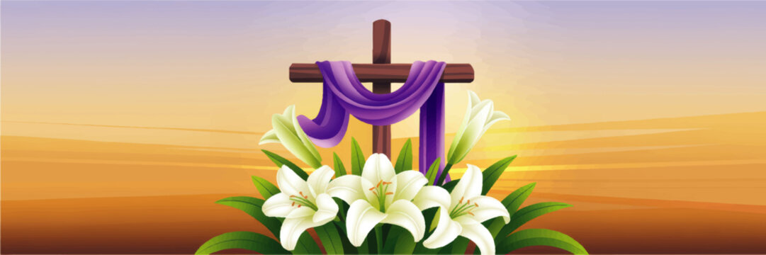 Wooden cross with purple cloth and white Easter lilies at sunrise, Christian resurrection background, religious spring illustration