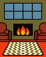 Cozy living room interior with fireplace, armchairs and patterned rug in flat geometric illustration style for home decor design