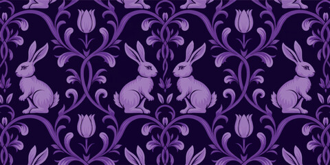 Purple rabbit damask seamless pattern with floral tulip ornaments on dark background, whimsical vintage animal wallpaper design