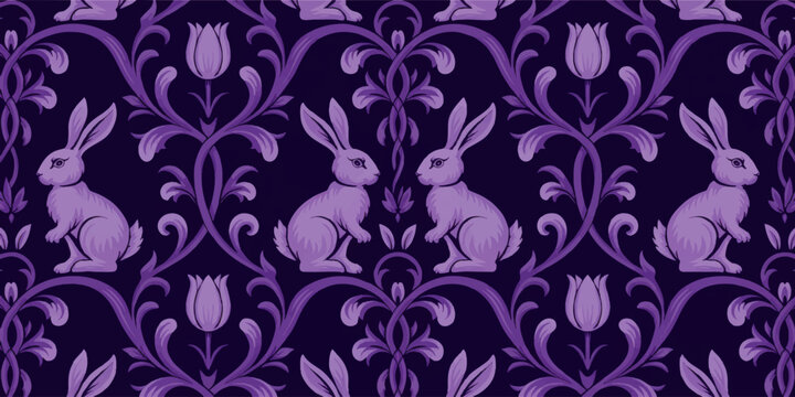Purple rabbit damask seamless pattern with floral tulip ornaments on dark background, whimsical vintage animal wallpaper design