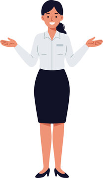 Woman in White Shirt and Black Skirt Welcoming Gesturing Flat Design Isolated Vector