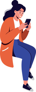 Woman With Dark Hair Wearing Orange Cardigan And Blue Jeans Using Smartphone