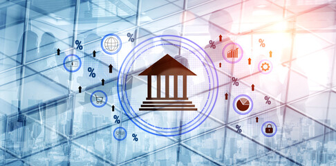 The influence of central bank monetary policy on the global banking system and economy. A concept of interest rates, inflation, and growth. Motif