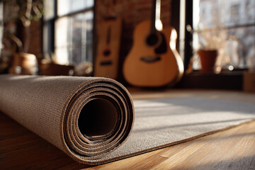 side angle mat, Close-up of a rolled carpet resting on a wooden floor with soft lighting