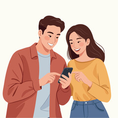 Fototapeta premium Young Couple Joyfully Using Smartphone Together White Background