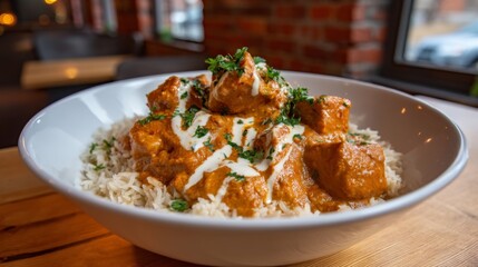 Delicious chicken curry served over fluffy rice with creamy sauce and fresh herbs in a cozy restaurant setting, perfect for comfort food lovers