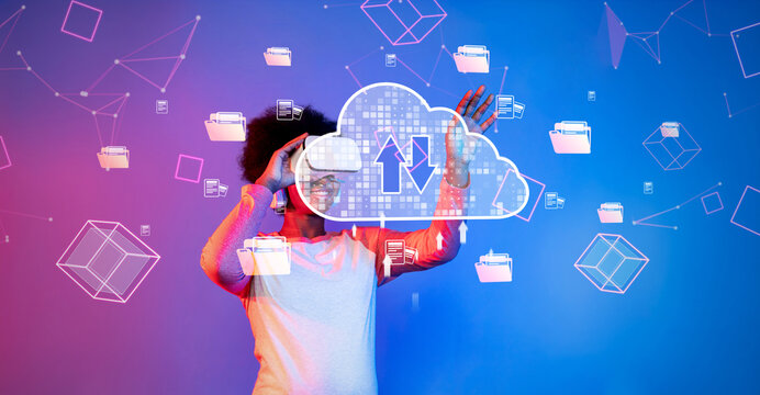 A modern concept representing cloud computing and online storage, featuring a person interacting with a digital cloud interface amidst vibrant colors and graphics. XDMCP - Powered by Adobe