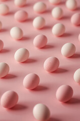 ピンク背景に白とピンクのイースターエッグ模様が並ぶ縦型パターン背景素材. 生成AI