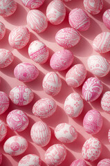 ピンク背景に白とピンクのエッグが規則的に並ぶ縦型の春イベント背景素材. 生成AI