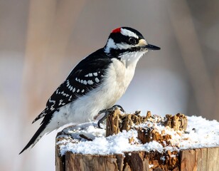 Male Downy Woodpecker perched on snowy tree stump during Winter season