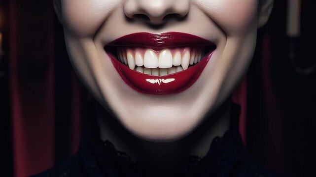 Close up of a smiling vampire with fangs and red lips.