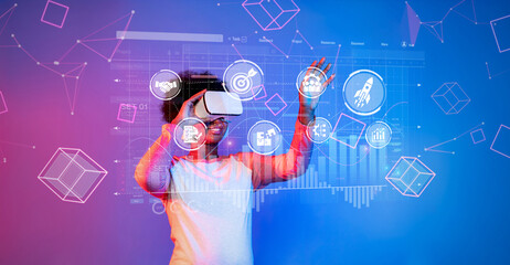 A business professional uses virtual reality technology to explore data analytics and marketing strategies, enhancing engagement and insights for decision-making in a dynamic environment. XDMCP