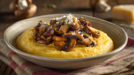 Creamy Polenta with Saut&eacute;ed Mushrooms and Grated Cheese Garnish for Deliciously Comforting Dish