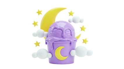 3D Render of Purple Ice Cream with Moon and Stars