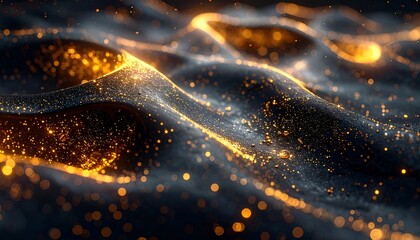 Close-up of undulating, dark grey waves adorned with glistening golden particles and radiant highlights, creating an ethereal scene