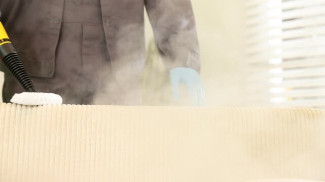 Pest control worker cleaning sofa with steam cleaner indoors, closeup