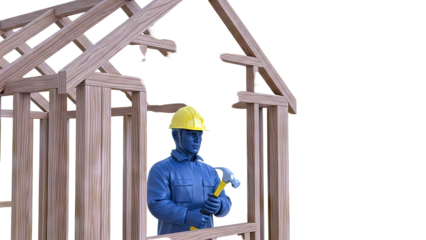 Construction worker with hammer building wooden house frame