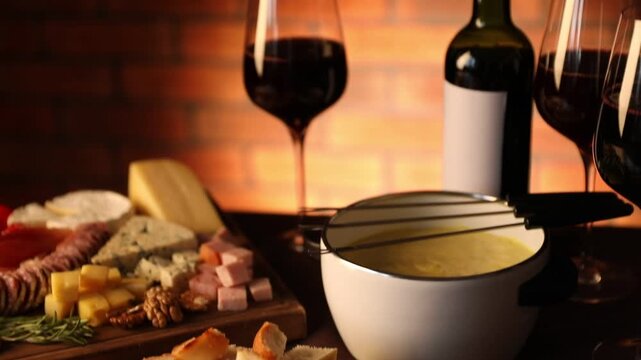 Fondue pot (caquelon) with melted cheese, wine and snacks on table indoors, closeup. Camera moving down